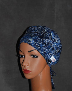 Blossom Garden Blue Silhouette Satin Tie Scrub Hat