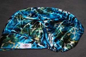 Chee Cheetah Blue Satin Pleated Scrub Hat