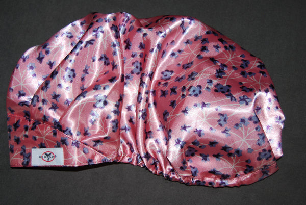 Petite Floral Pink Satin Pleated Scrub Hat