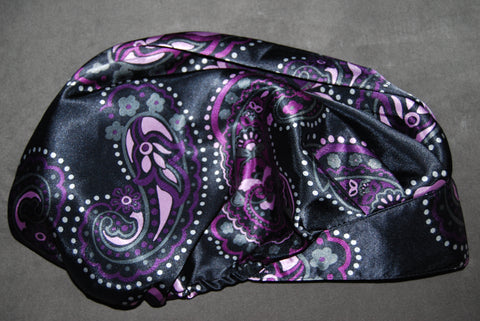 Paisley Dots Lavender Black Satin Pleated Scrub Hat