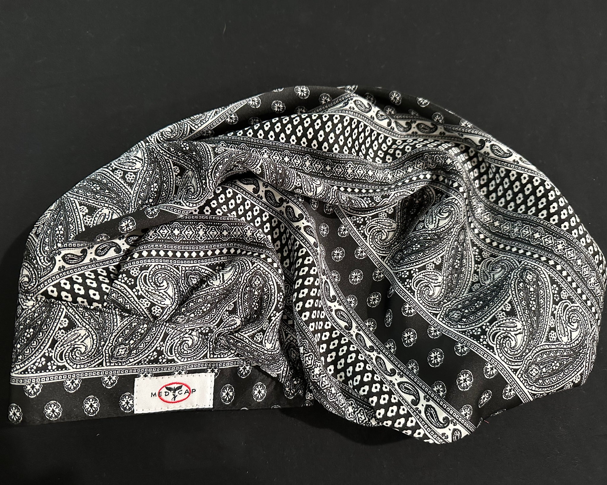 Pepper Black and White Collage Satin Pleated Featherweight Scrub Hat