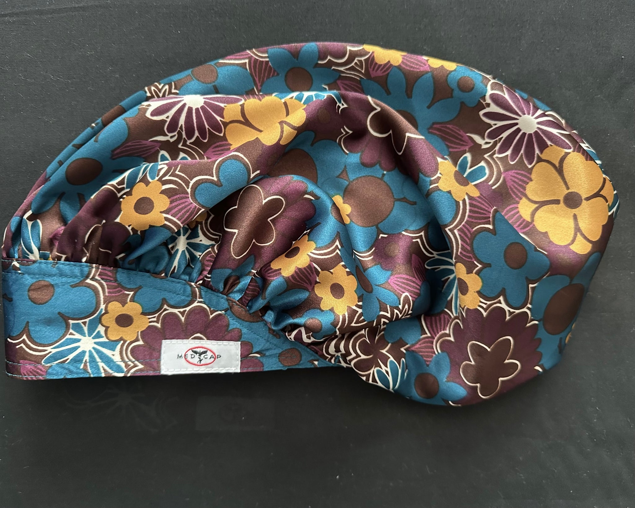 Golden Autumn Carob and Blue Satin Scrub Hat