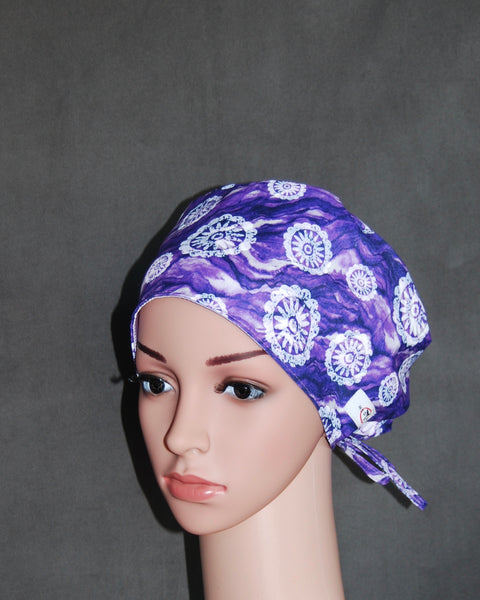 Grape Pinwheel Lacy Silhouette Satin Tie Scrub Hat